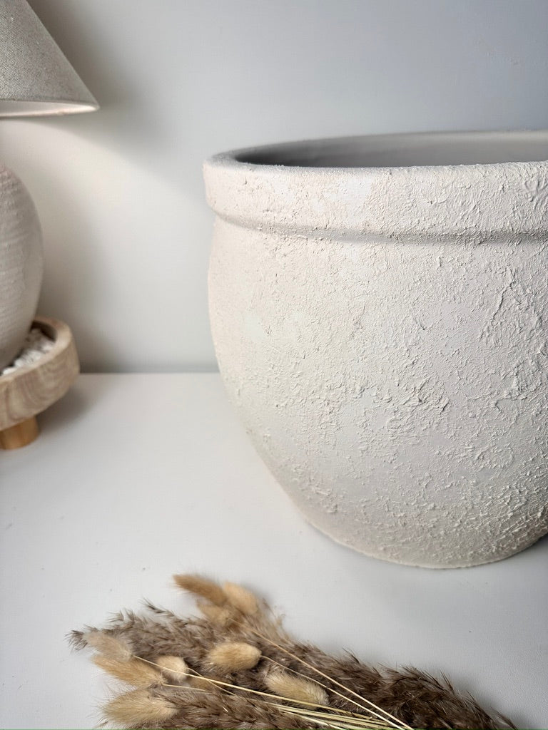 Minimalist Hand-Painted & Textured Planter Pot 12" tall with drainage hole one time creation - Cream