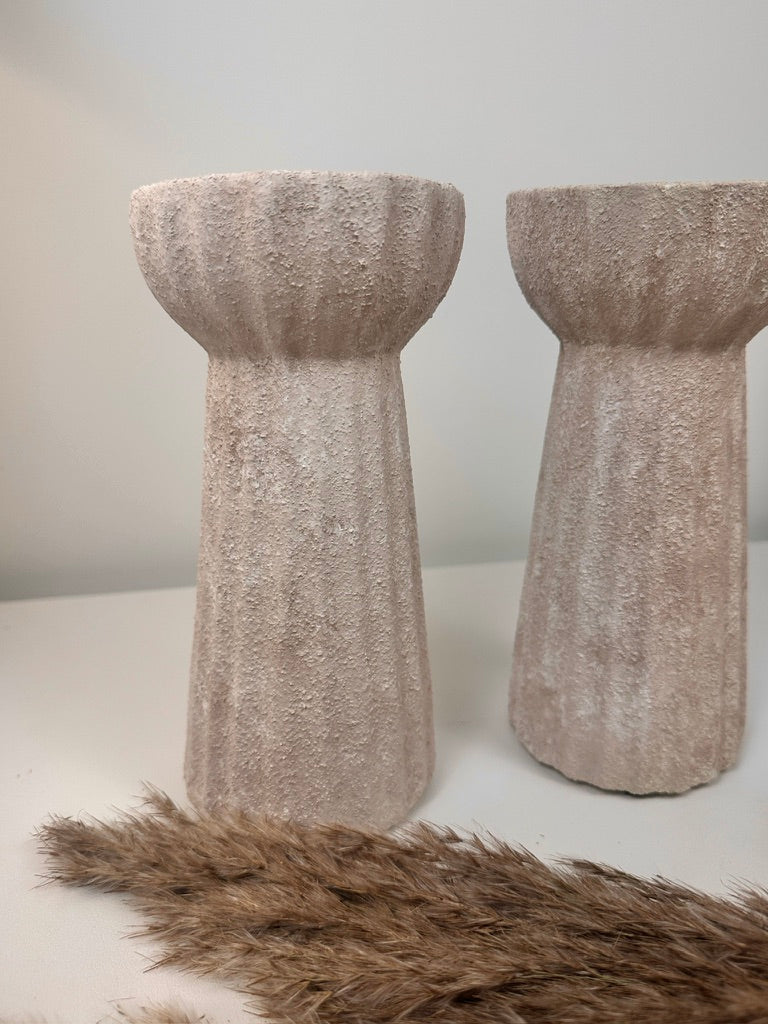 Set of 2 Textured Hand-Painted Candlestick 10" tall - Beige Washed