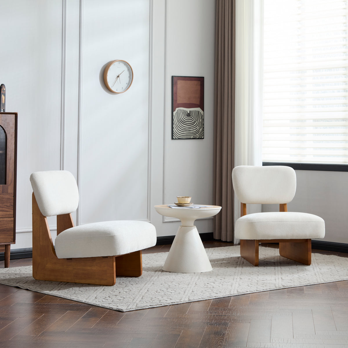 [Set of 2] Modern Beige Lounge Chair with Polyester Upholstery, Sturdy Wood Base With Natural Finish, Minimalist and Stylish Accent Seating for Living Room, Bedroom, or Office