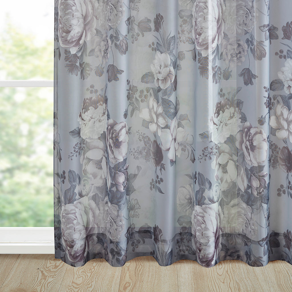 Printed Floral Twist Tab Top Voile Sheer Curtain - Grey