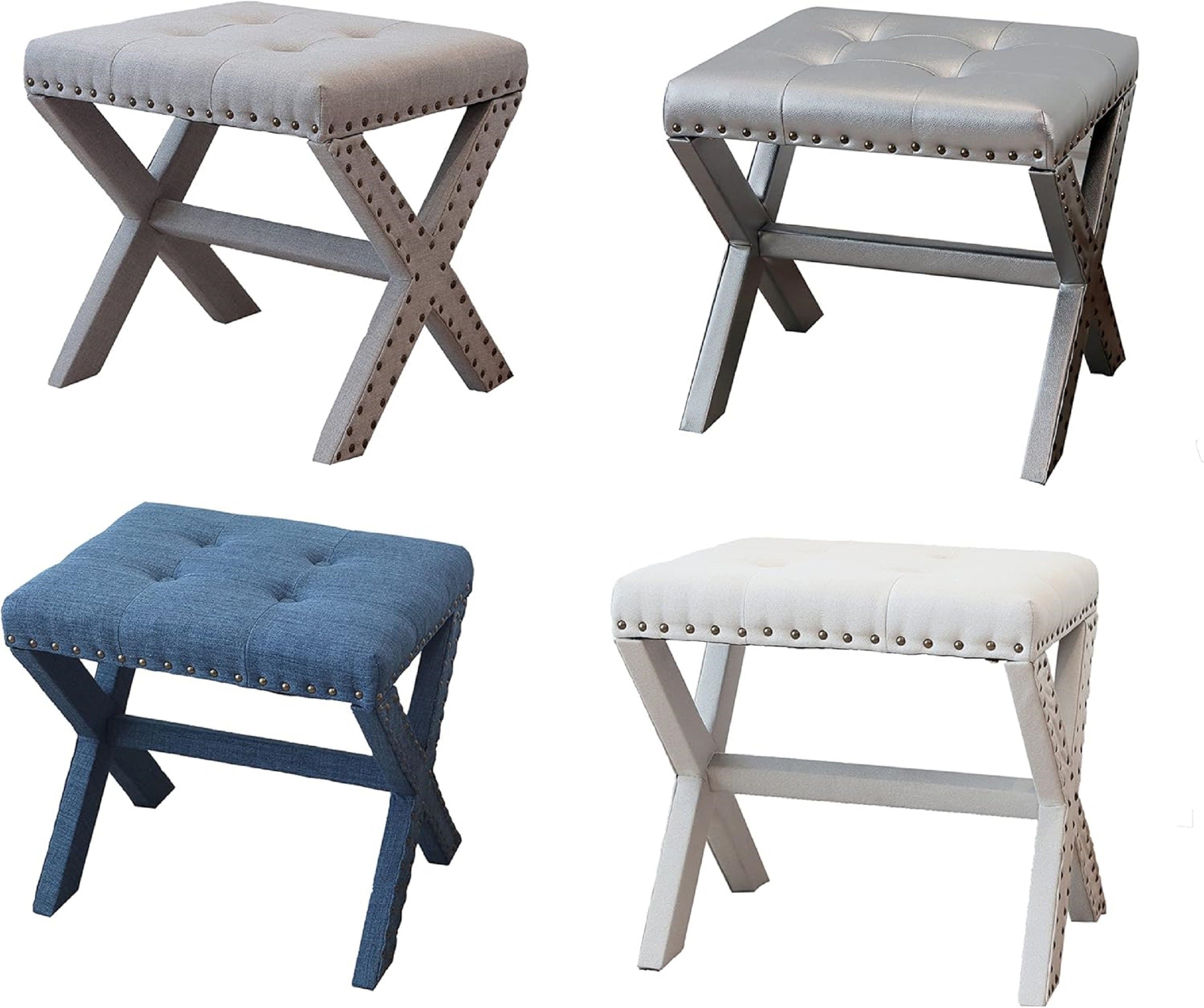 Set of 2 Silver Modern Chic Vanity Stool Upholstered Chair Soft Linen Fabric - Light Gray