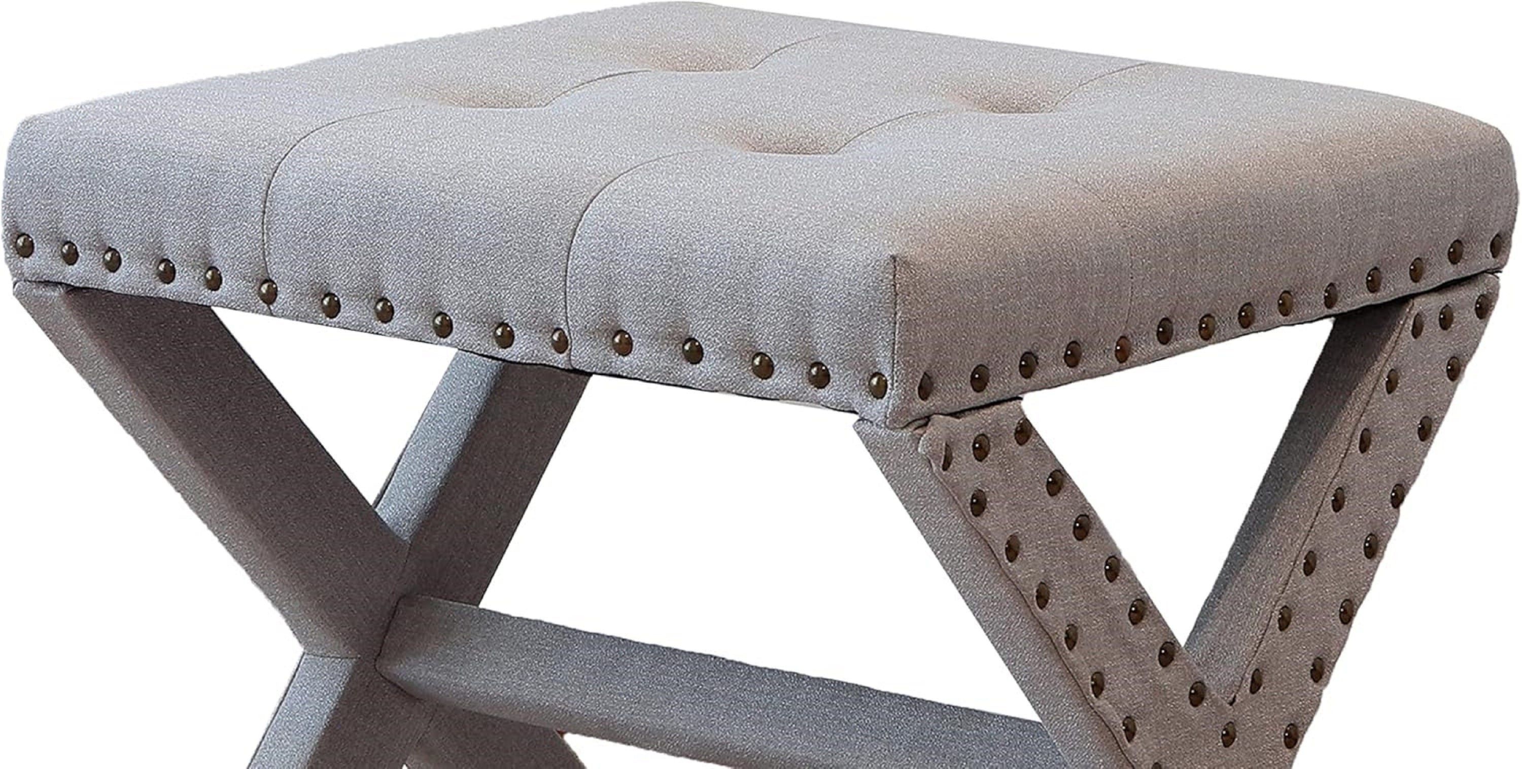 Set of 2 Silver Modern Chic Vanity Stool Upholstered Chair Soft Linen Fabric - Light Gray