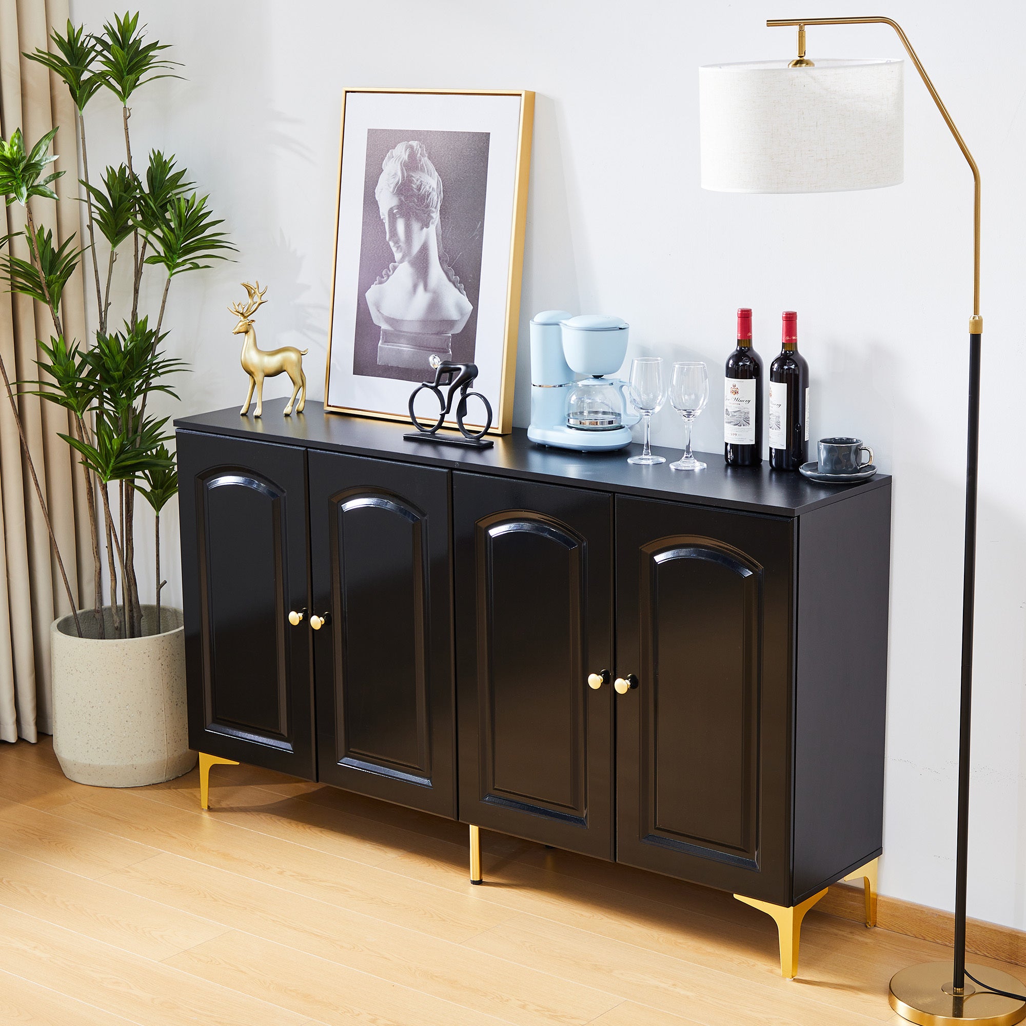 Buffet Sideboard 4 Doors Accent Storage Cabinet, Mid Century Modern Buffet Table with Adjustable Shelf - Black