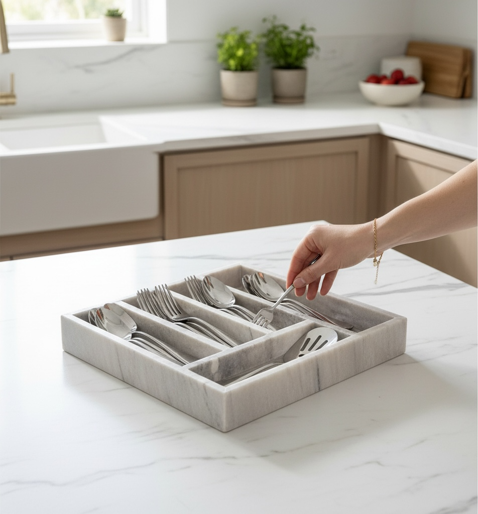 Luxury Marble Silverware/ Jewelry Tray Light Beige 13x11x1.8“