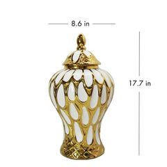 17.50"H Alluring White and Gold Ginger Jar with Removable Lid