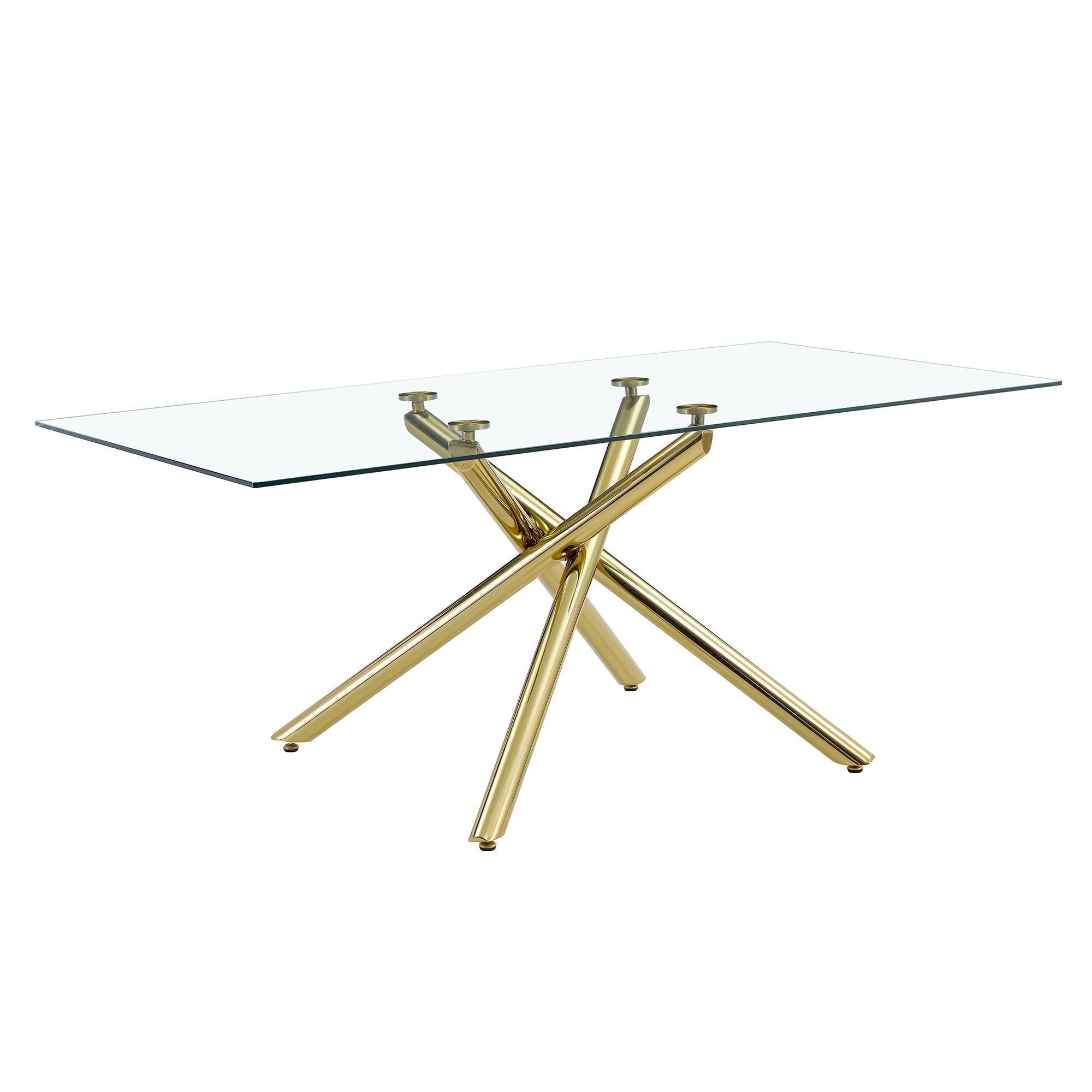 Modern Minimalist Rectangular Glass Dining Table for 6-8 with 0.39" Tempered Glass Tabletop and Silver Chrome Metal Legs - Golden