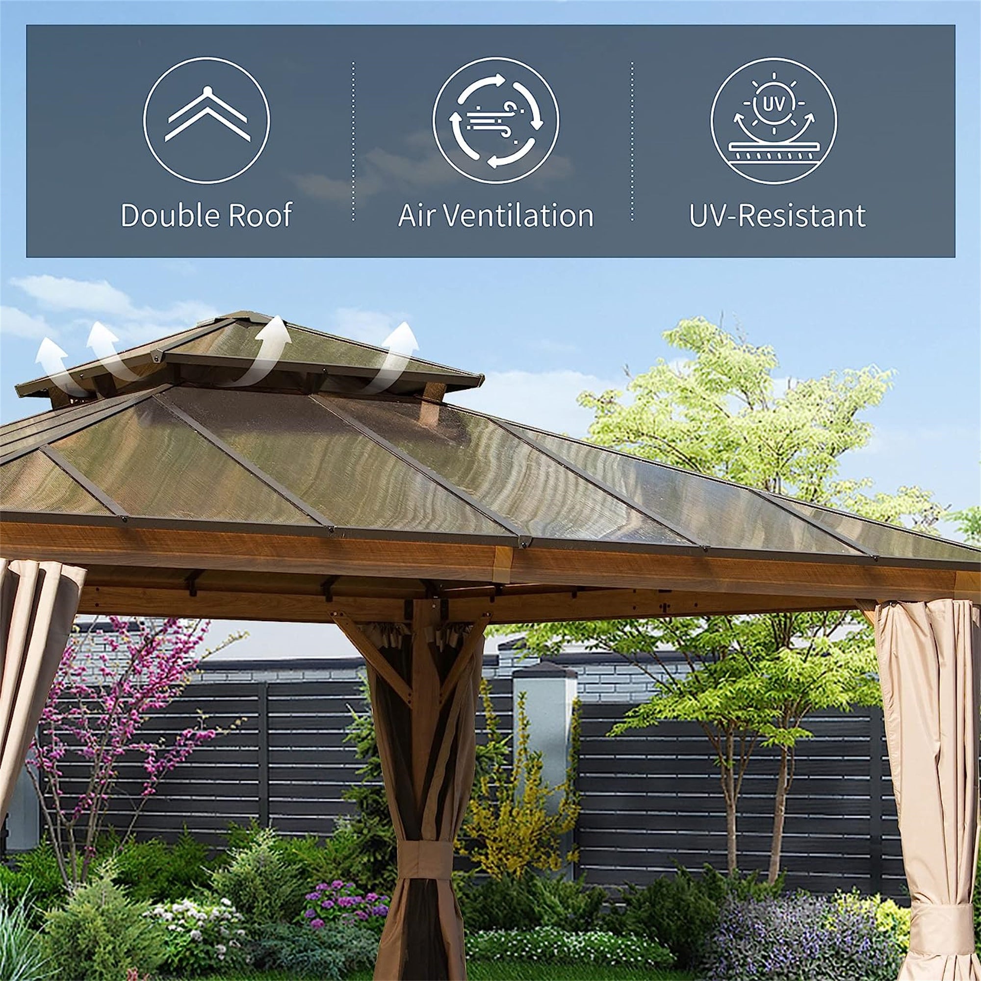 12'x12' Hardtop Gazebo, Permanent Outdoor Gazebo with Polycarbonate Double Roof, Aluminum Gazebo Pavilion with Curtain and Net for Garden, Patio, Lawns, Deck, Backyard (Wood-Looking)