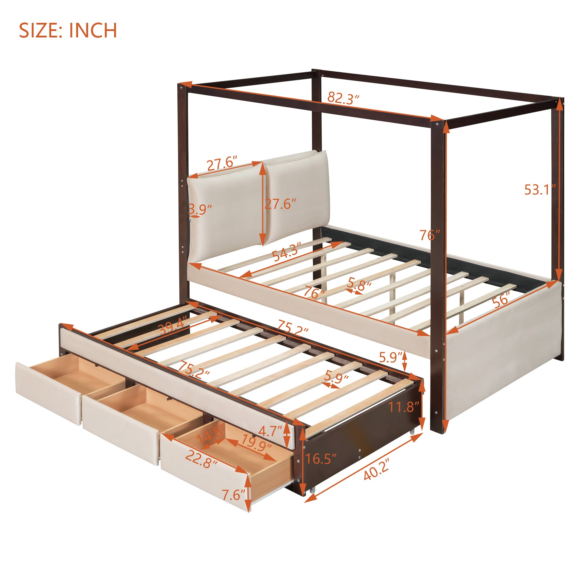 Full Size Upholstered  Canopy Bed with Trundle and 3 Drawers - Beige