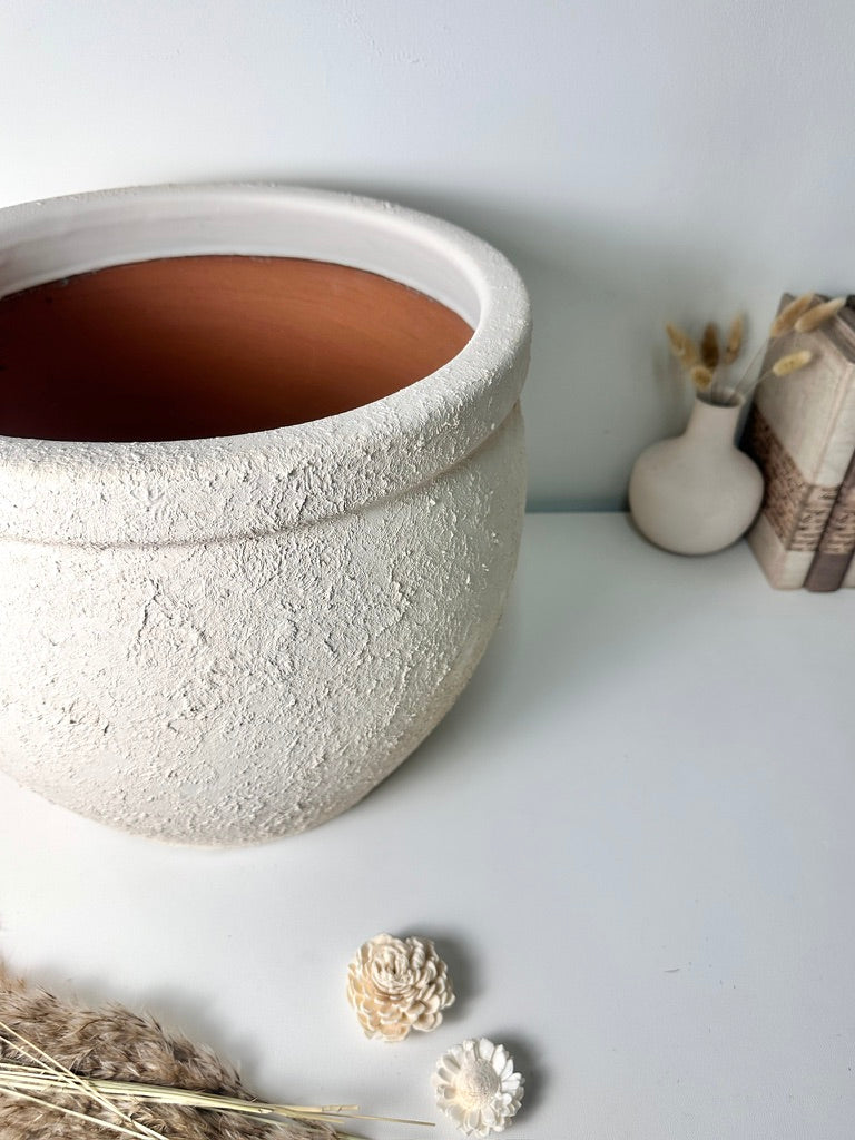 Minimalist Hand-Painted & Textured Planter Pot 12" tall with drainage hole one time creation - Cream