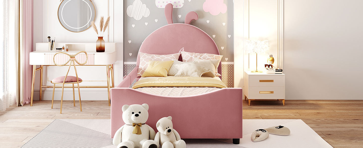 Twin Size Upholstered Daybed with Rabbit Ear Shaped Headboard - Pink