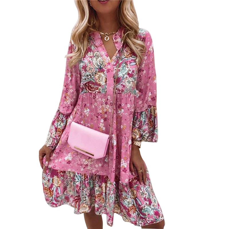 Women's Round Neck Button Front Floral Print Dress - Spring Summer Patchwork Midi Dress