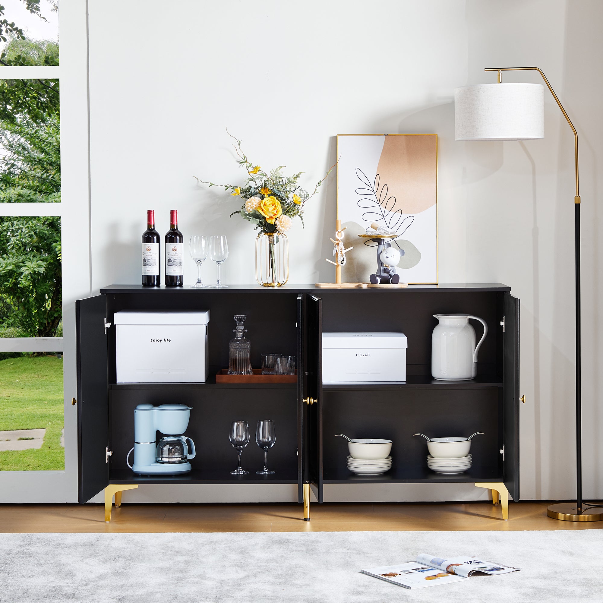 Buffet Sideboard 4 Doors Accent Storage Cabinet, Mid Century Modern Buffet Table with Adjustable Shelf - Black