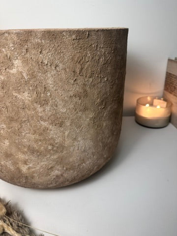 Rustic Hand-Painted & Textured Planter 12" tall with drainage hole one time creation - Brown washed