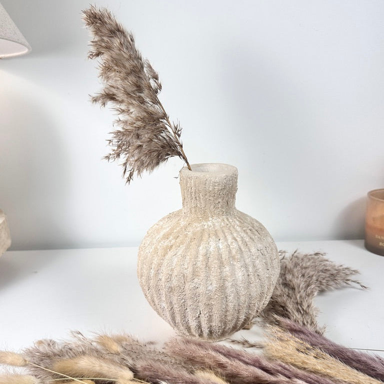 Rustic Minimalist Textured Hand-painted Ceramic Vase 8" tall - Beige Sand Washed