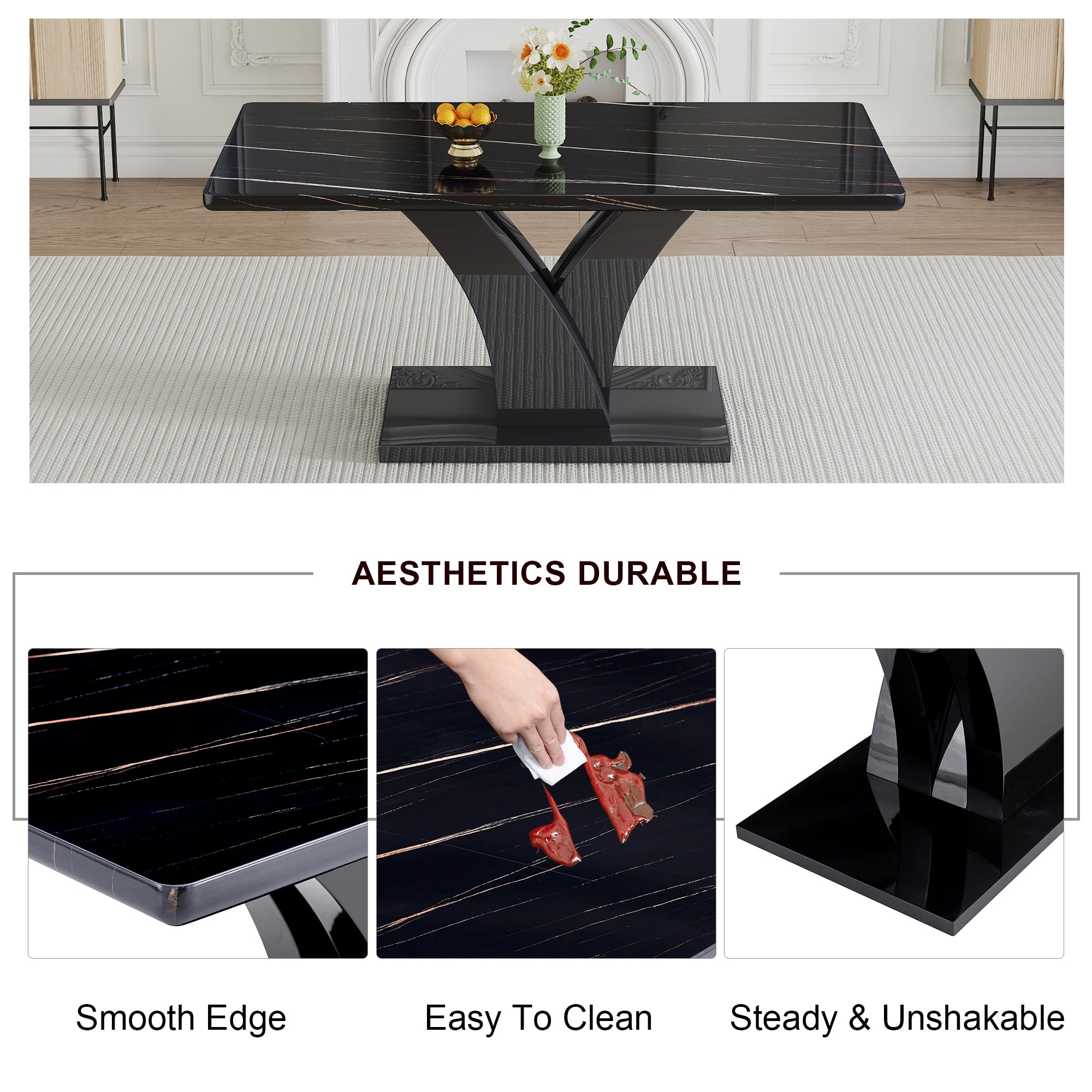 Modern Dining Table, Black Desktop and Black MDF Leg