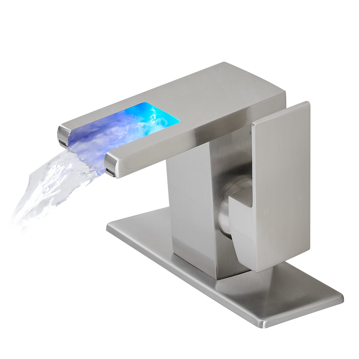 Bathroom Sink Faucet LED Light 3 Colors Changing Waterfall Glass  - Brushed Nickel