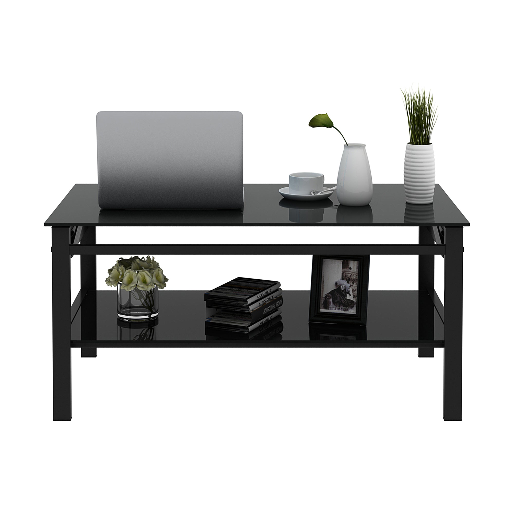 Modern Simple 2-Layer Tempered Glass Coffee Table - Black