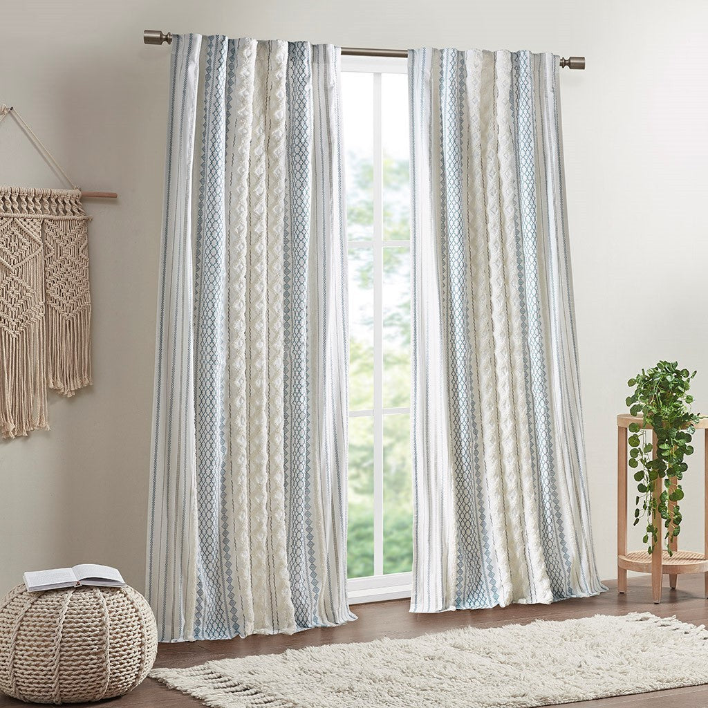 50x95" Cotton Printed Curtain Panel with Chenille Stripe and Lining - Ivory+Navy (1 panel only)
