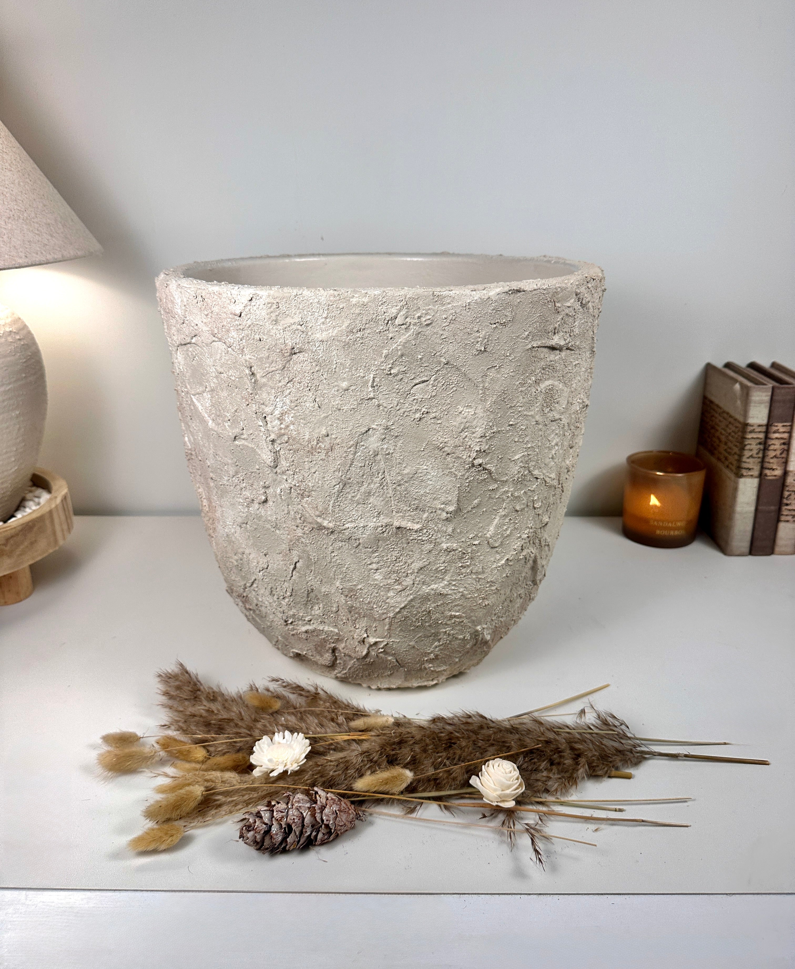 Minimalist Hand-Painted & Textured Planter Pot 14" tall with drainage hole one time creation - Cream