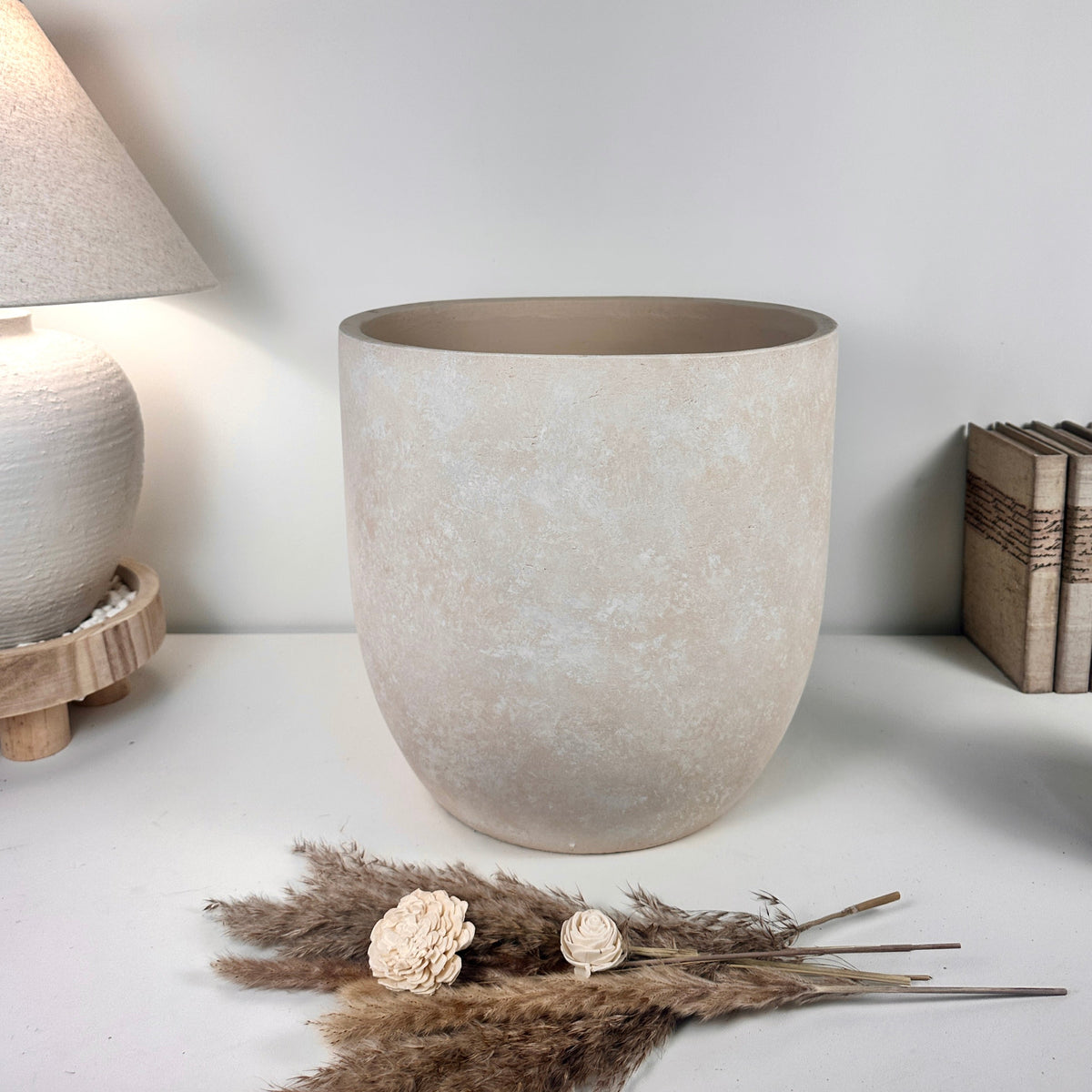 13.5" Minimalist Hand-Painted Planter Pot with Drainage Hole - Cream Ash