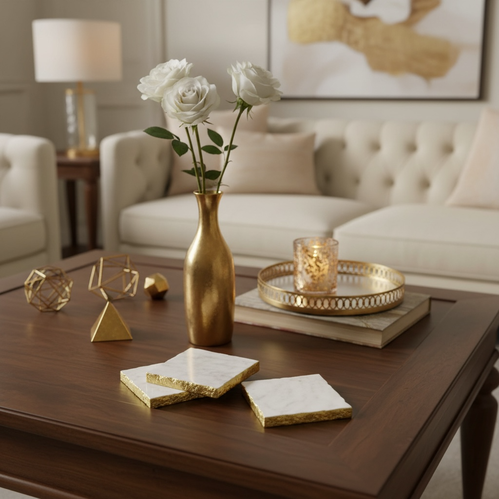 Elegant White Marble and Gold Coasters - Set of 4