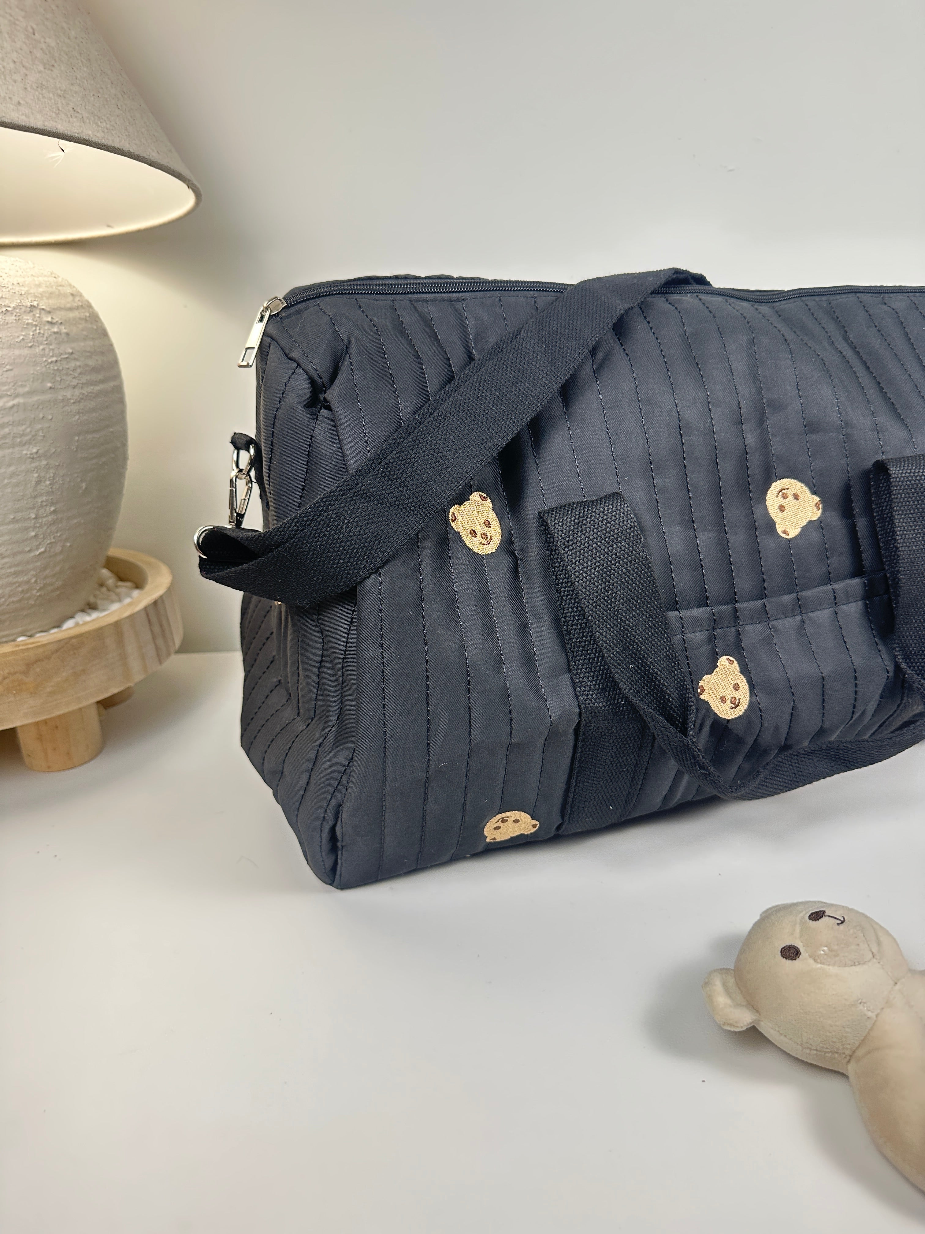Cozy Quilted Baby Diaper Bag with Bear Pattern, Large Capacity Travel Tote 18“Lx6”Wx12“H