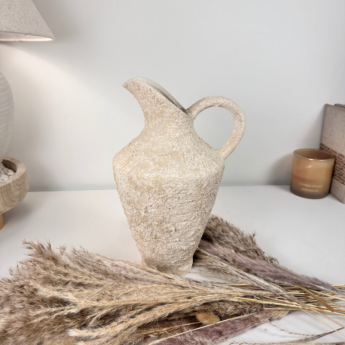 Decorative Textured Hand-painted Pitcher Vase Cream Sand washed 12"