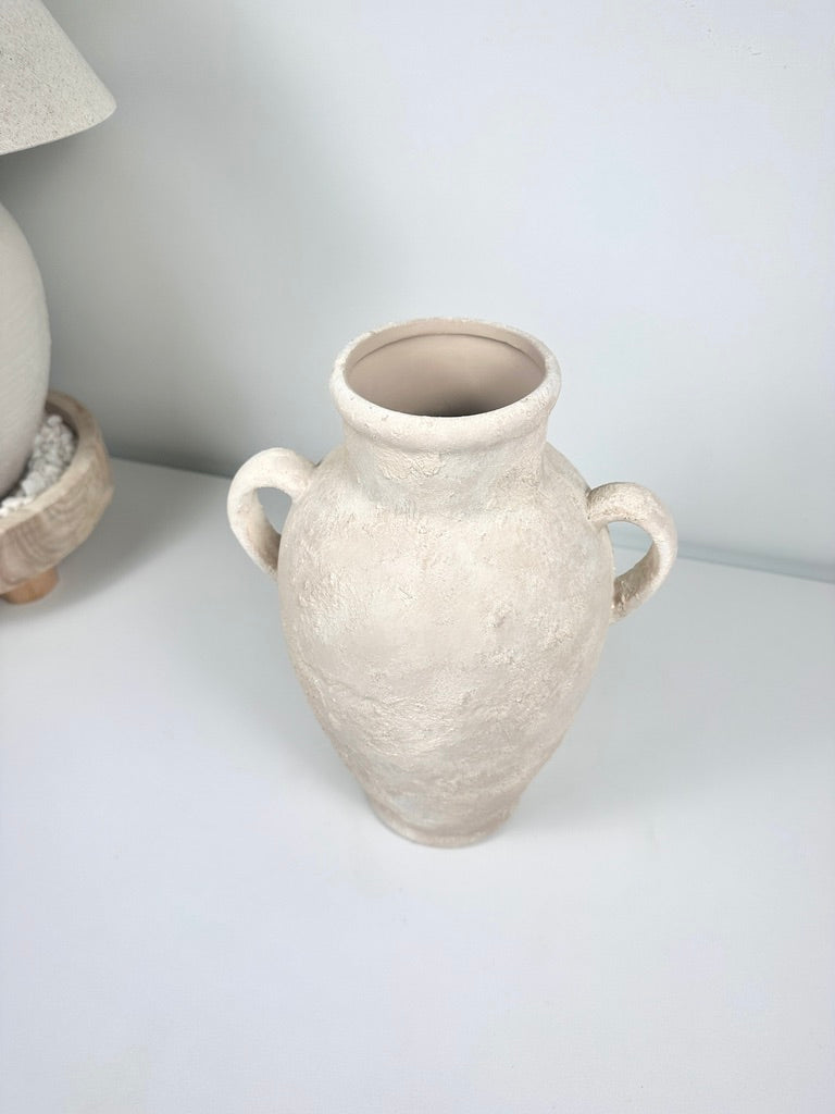 Minimalist Roman Style Textured Hand-painted Ceramic Vase 12" tall - cream/off-white