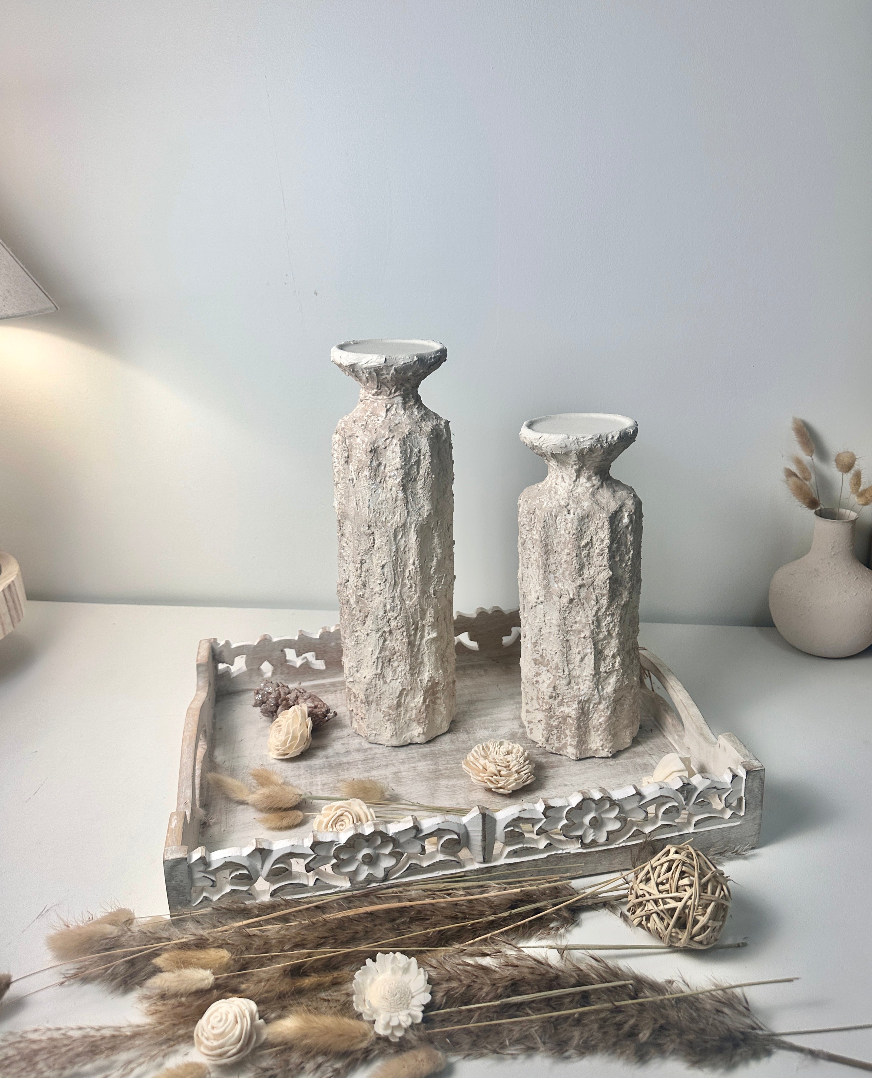Minimalist Set of 2 Candle Holders Textured Hand-Painted - Cream Sand (10.5x4x4", 13x4x4")
