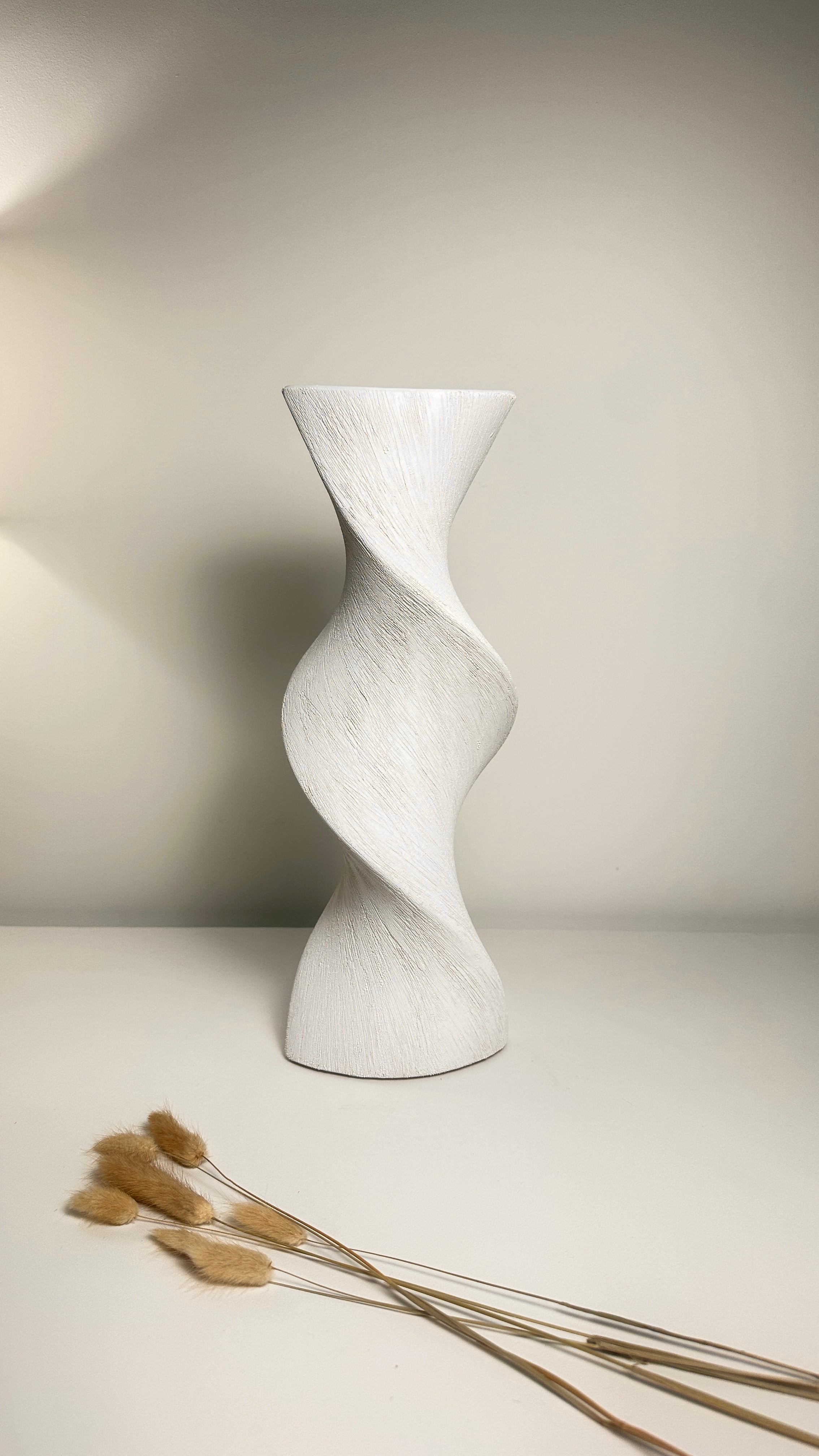 White Minimalist Twisted Vase, 16 Inch Tall, Modern Decorative Flower Vase