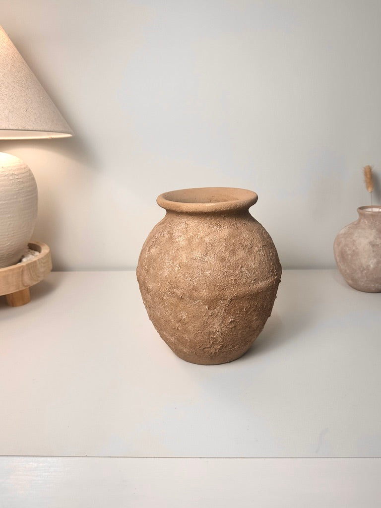 Earth Brown Color Ceramic Vase Painted and Textured By Hand 10.5x9x9"
