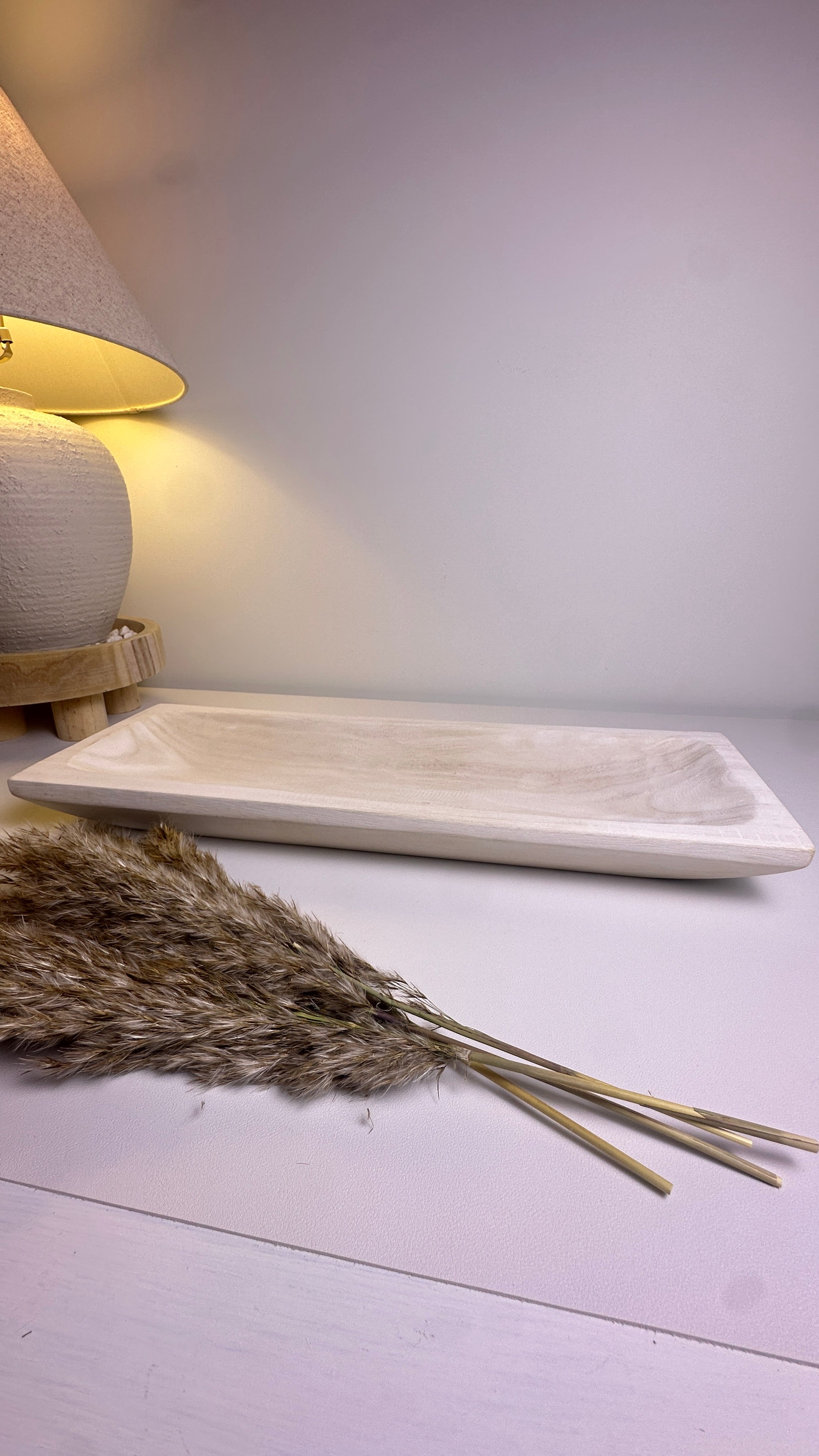 Paulownia Wood Boho Tray 20" long - Ivory Sand Whitewashed