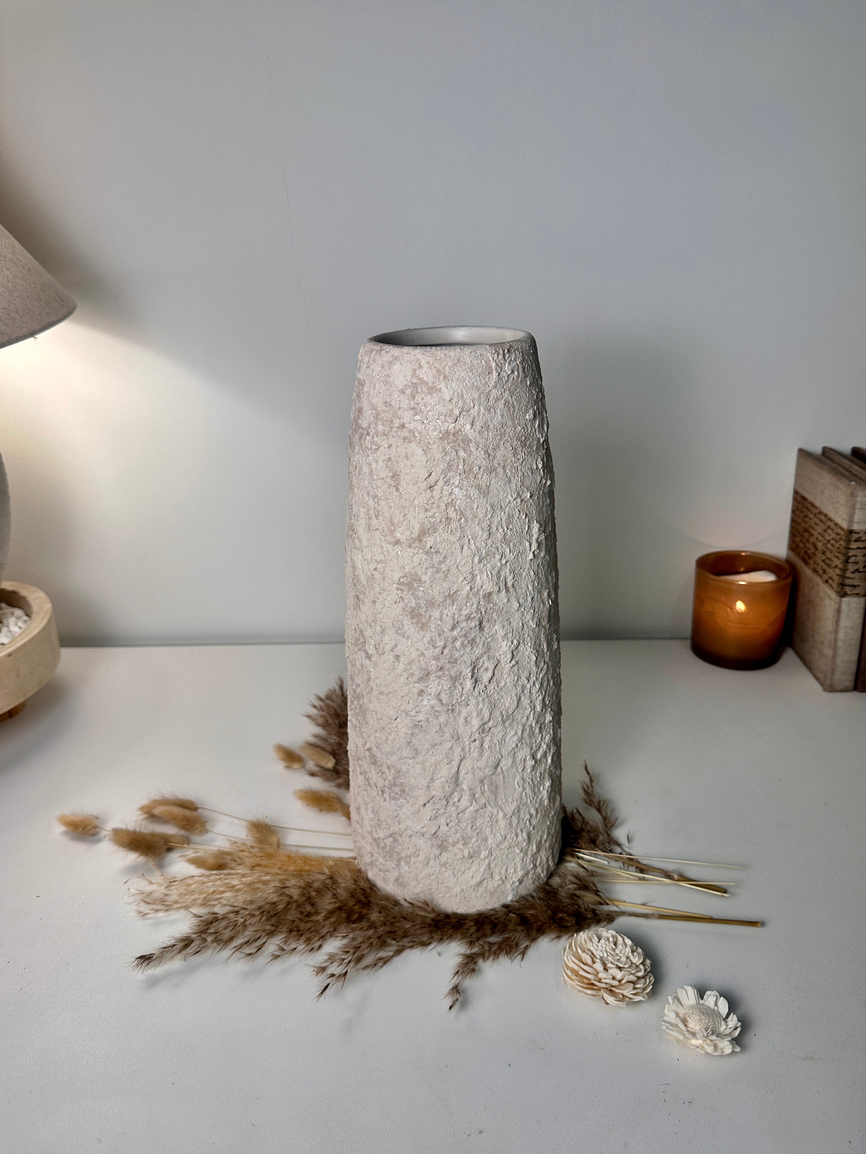 Minimalist Textured Hand-painted Ceramic Vase 15" tall - Cream Sand washed