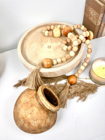 Set of 3 Decorative Accent Boho Mediterranean Style, Organic and Rustic Centerpiece Setting (Vase, Paulownia Tray and Natural Wood Bead Garland)