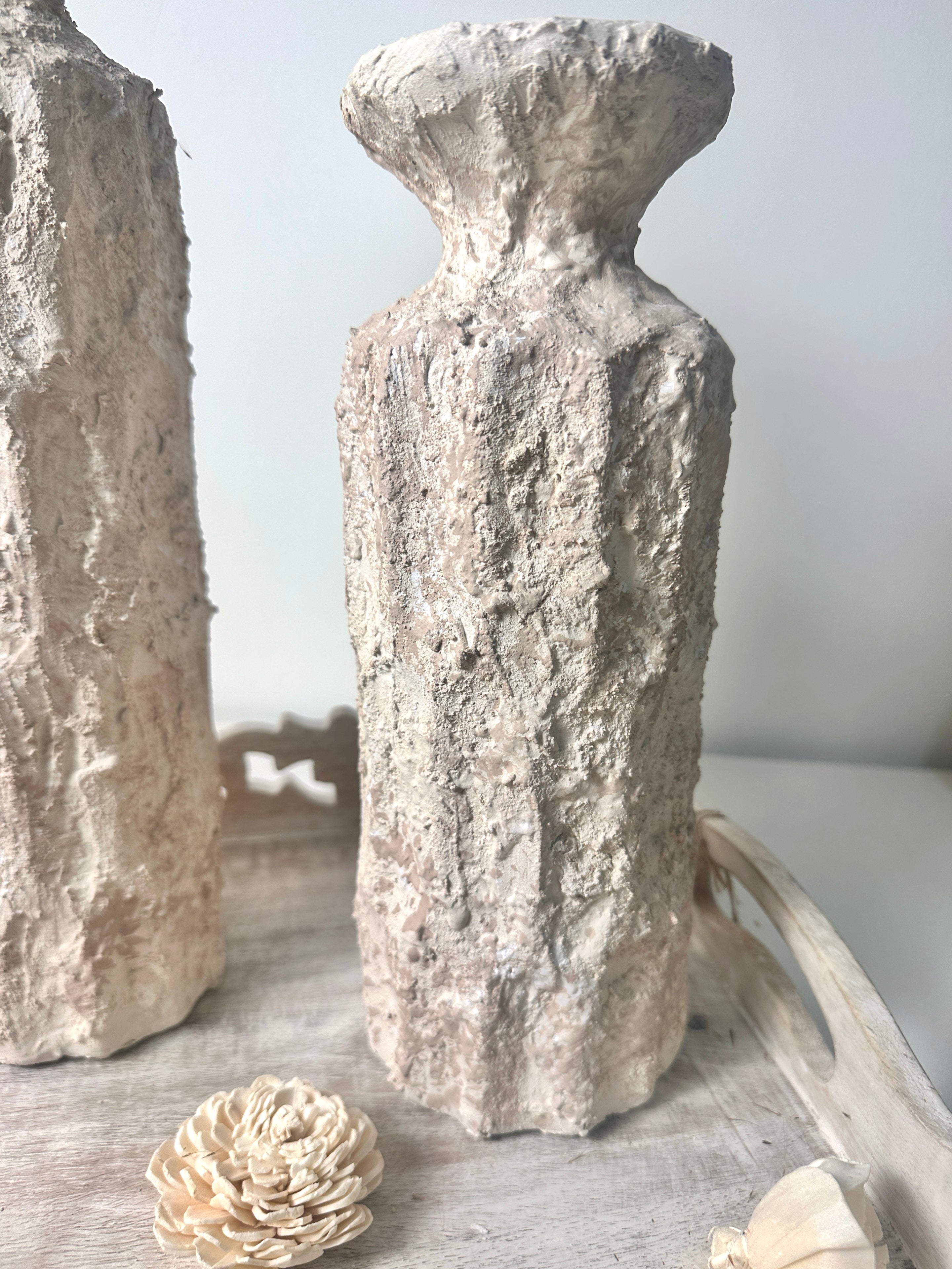 Minimalist Set of 2 Candle Holders Textured Hand-Painted - Cream Sand (10.5x4x4", 13x4x4")