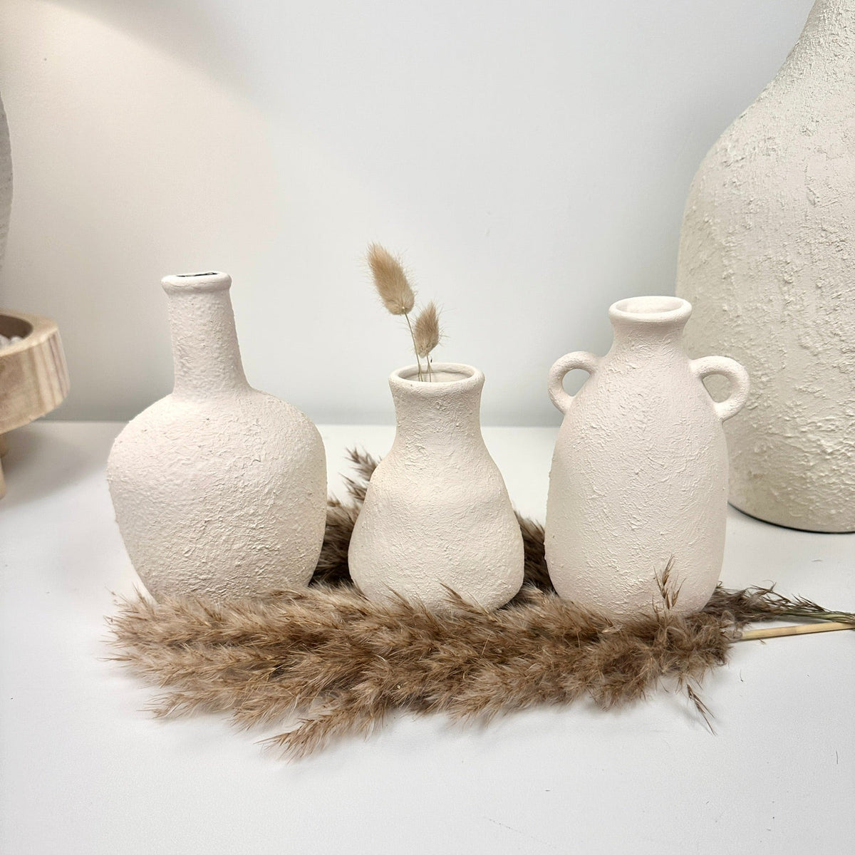 Set of 3 minimalist vases - hand painted and textured - off white