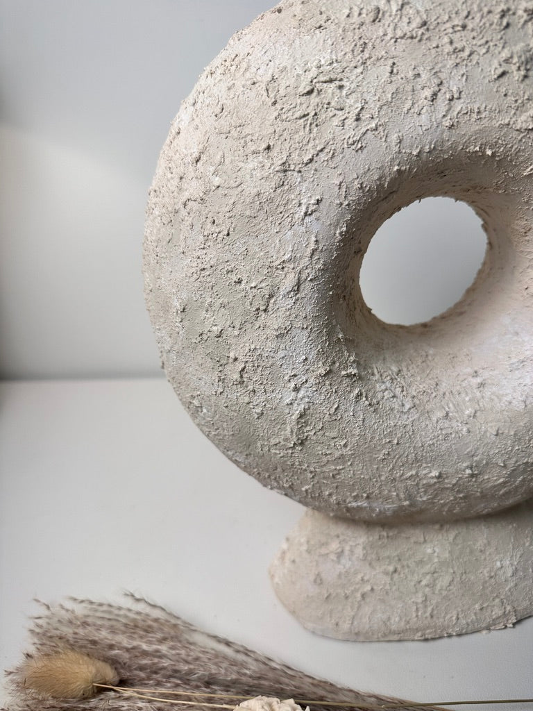Abstract Minimalist Sculpture Made of Organic Stone, White Donut-Shaped Textured 13" - Cream
