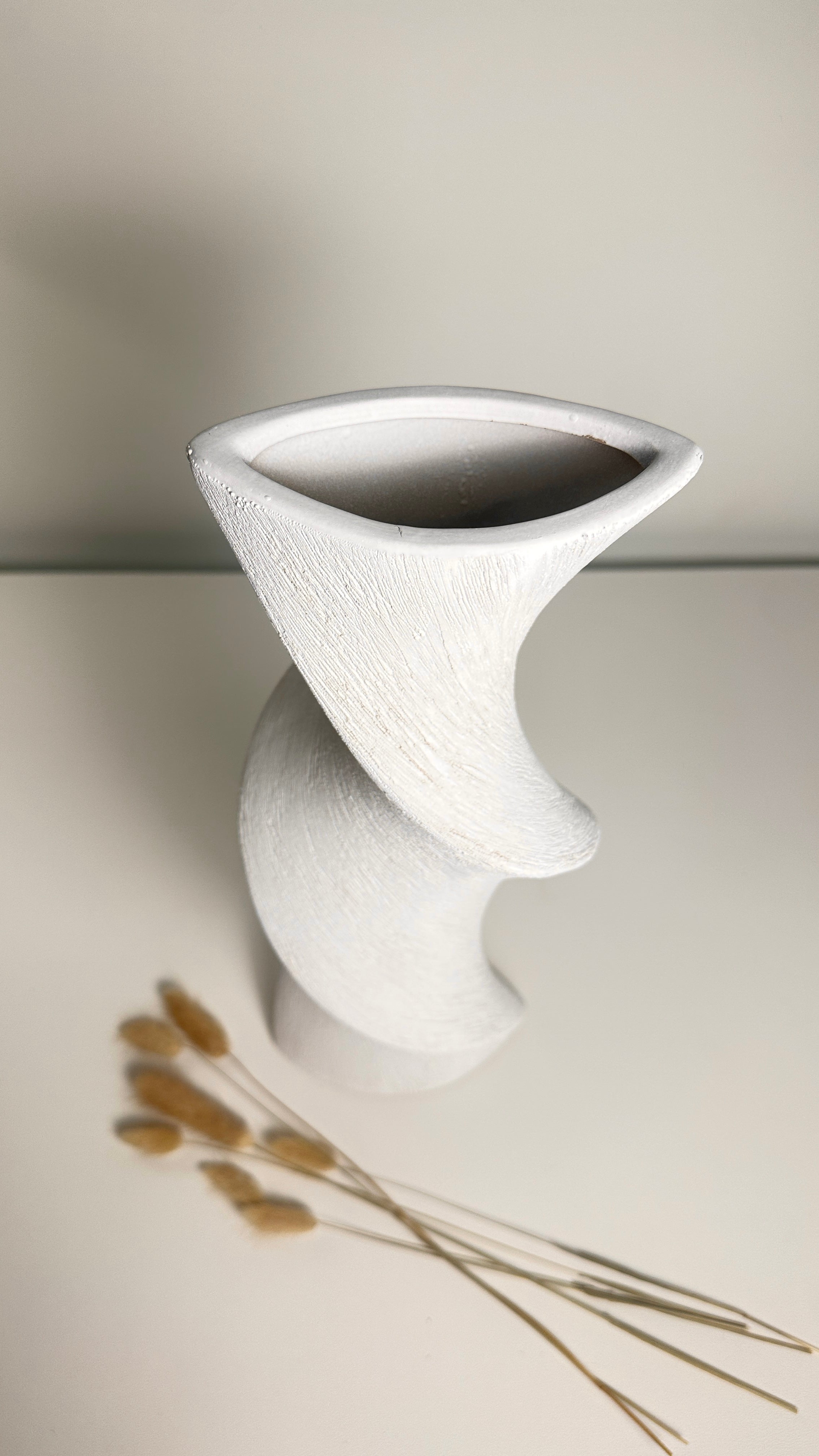 White Minimalist Twisted Vase, 16 Inch Tall, Modern Decorative Flower Vase