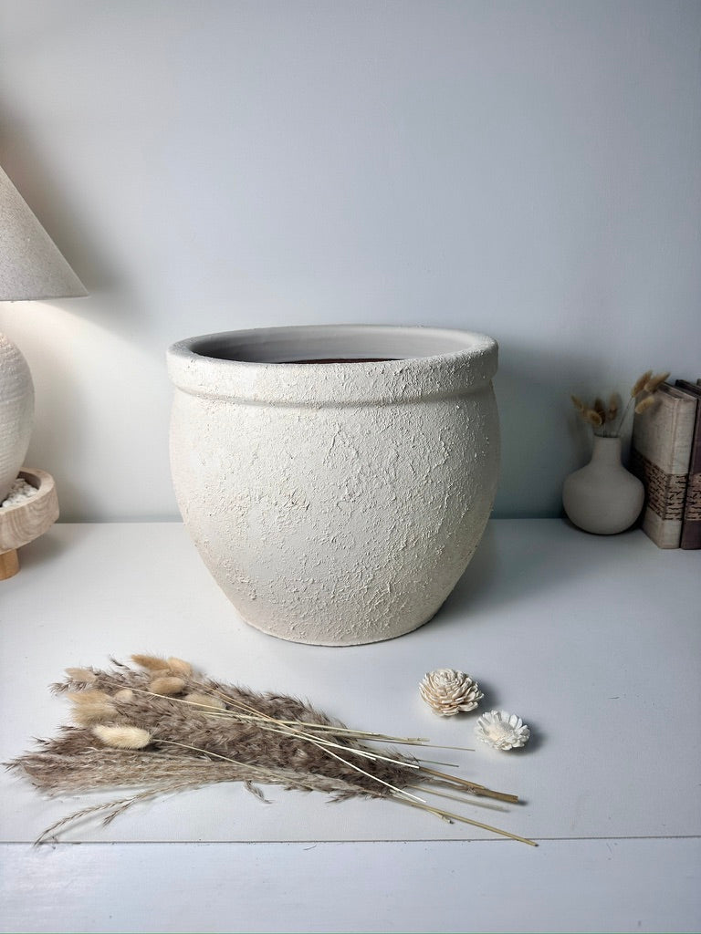 Minimalist Hand-Painted & Textured Planter Pot 12" tall with drainage hole one time creation - Cream