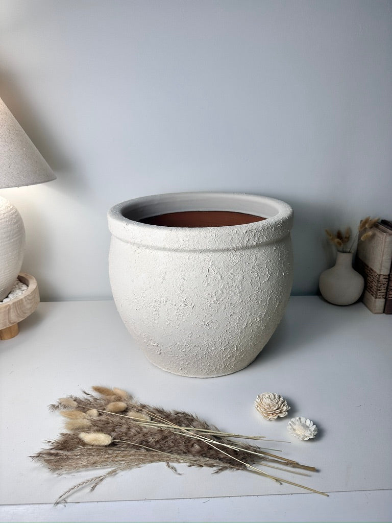 Minimalist Hand-Painted & Textured Planter Pot 12" tall with drainage hole one time creation - Cream