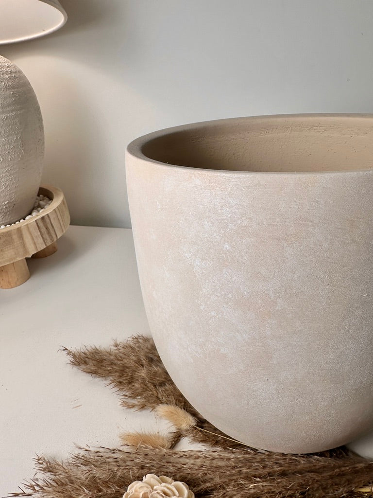 9" tall Minimalist Hand-Painted & Textured Planter Pot with drainage hole - Sand wash