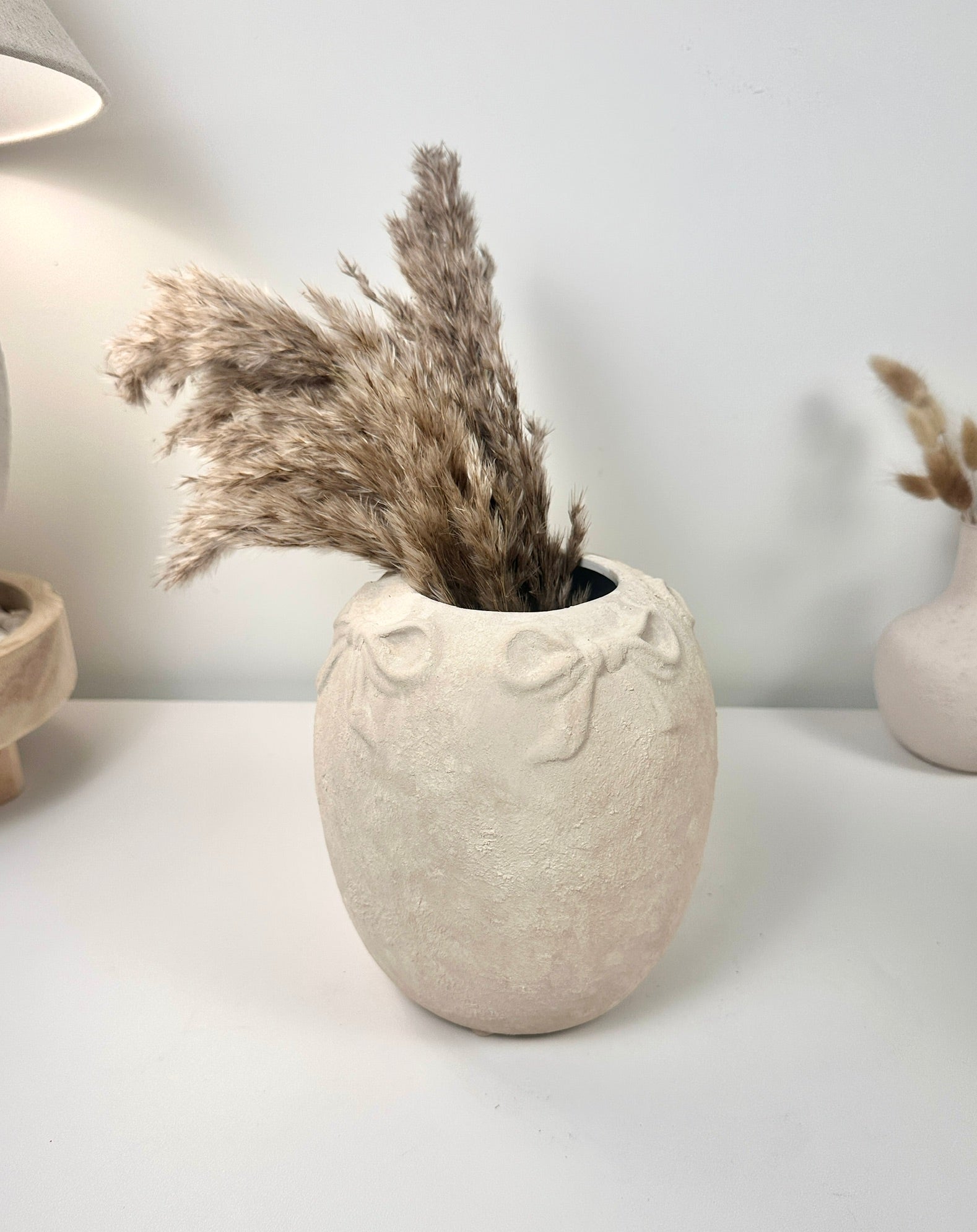 Minimalist Style Ceramic Vase with Bow 7", Painted and Textured by Hand - Cream Sand Washed