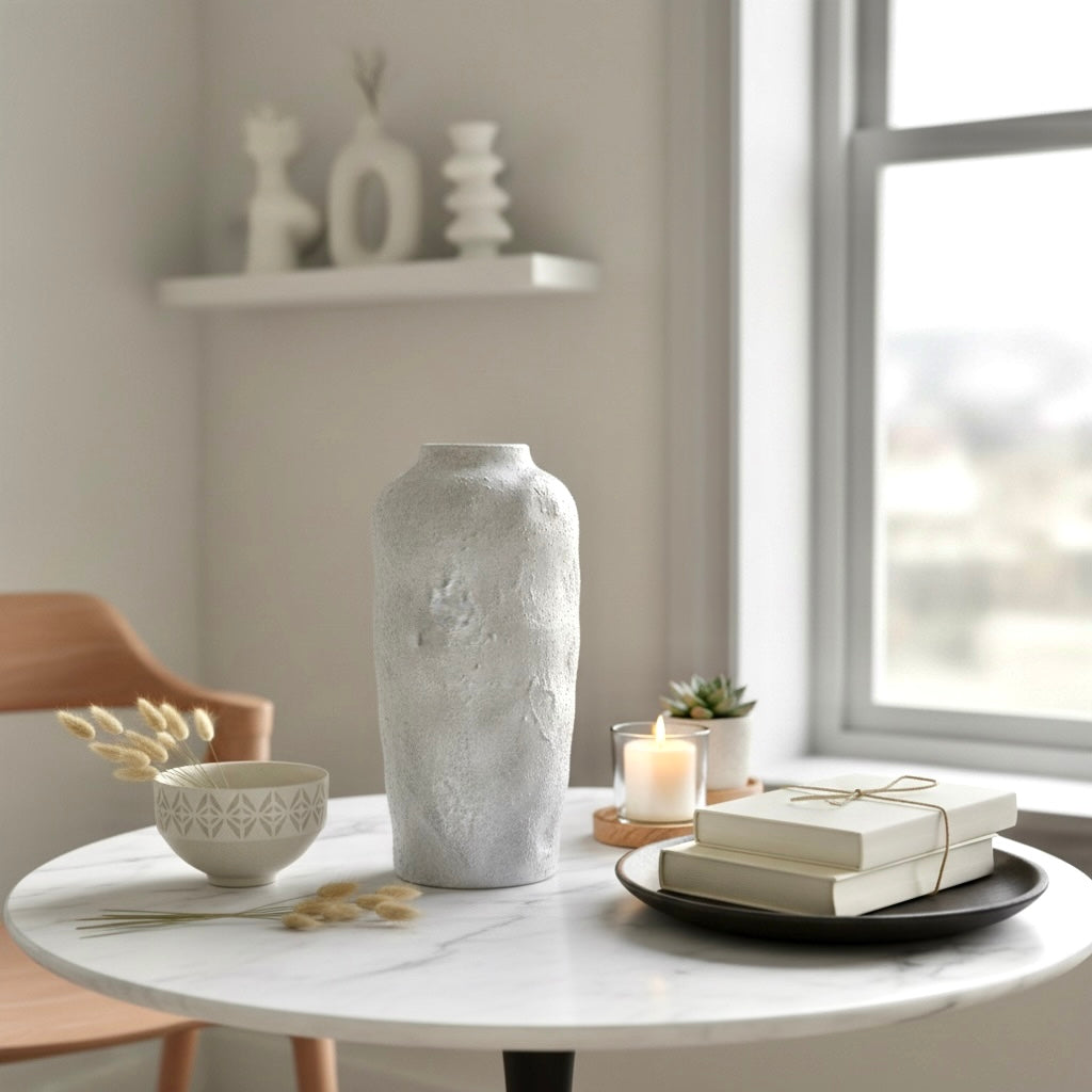 Minimalist Floor Vase or Table Vase Textured Ceramic White/Light Grey 17"Tall