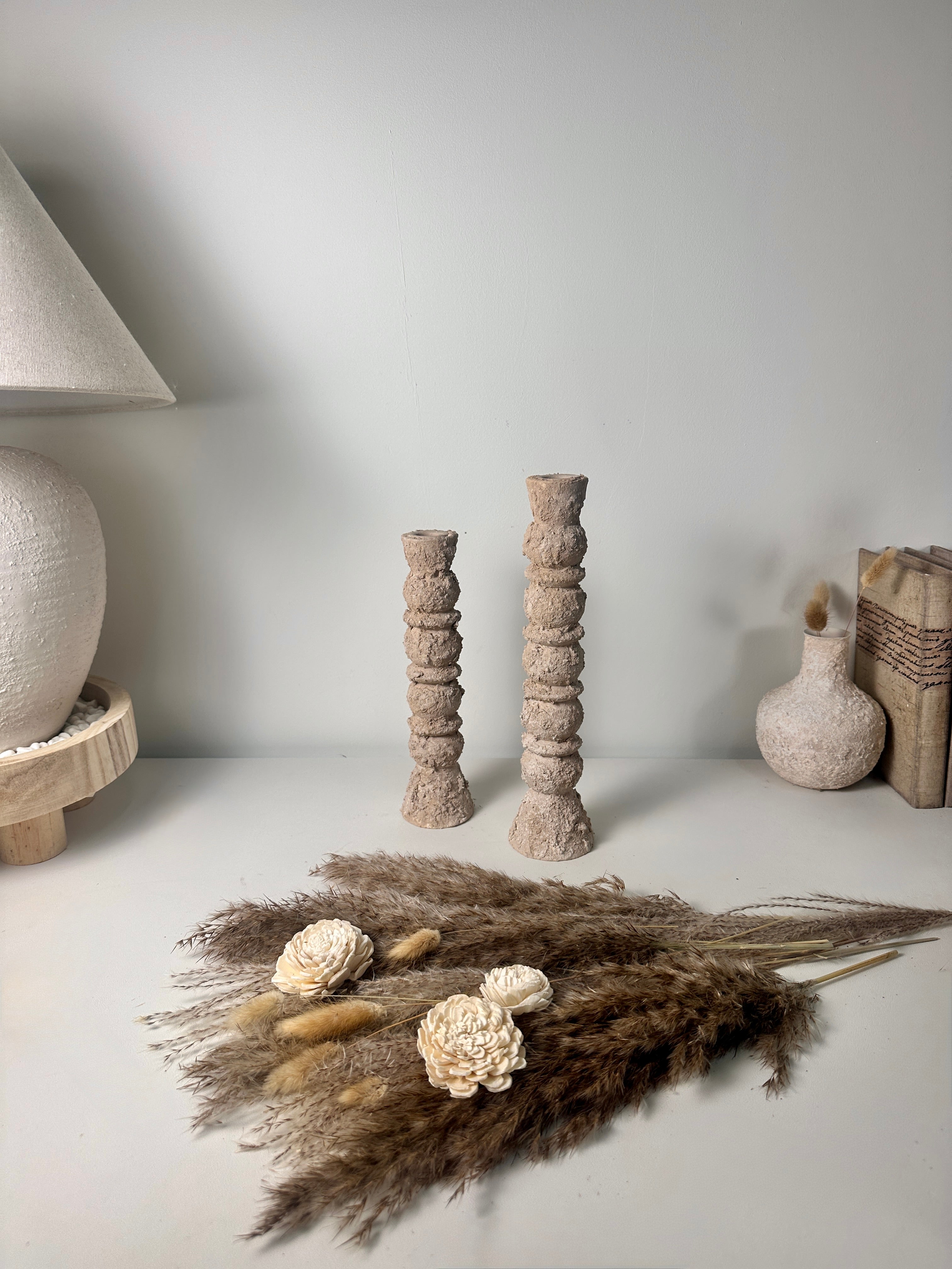 Set of 2 candlestick holders hand-painted and textured minimalist rustic style 12" tall and 10" tall - Tan Beige