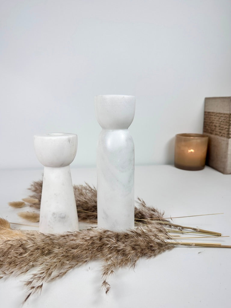 Set of 2 Marble Candle Holders (6x2x2" 8x2x2")  - White