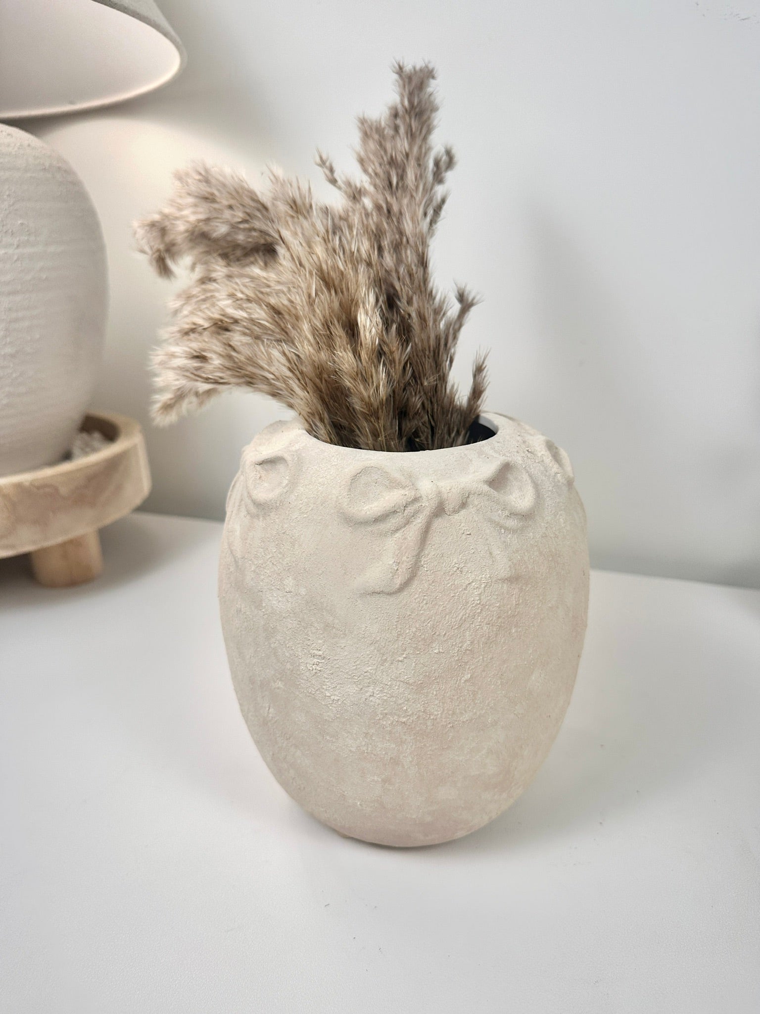 Minimalist Style Ceramic Vase with Bow 7", Painted and Textured by Hand - Cream Sand Washed