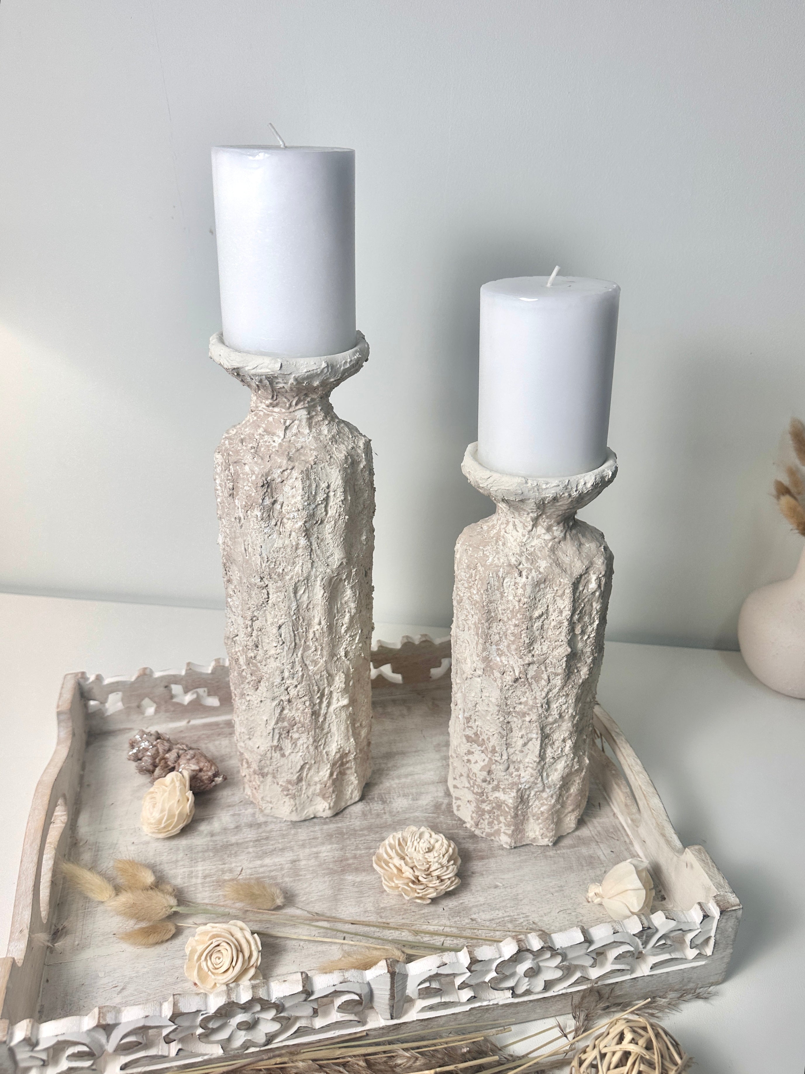 Minimalist Set of 2 Candle Holders Textured Hand-Painted - Cream Sand (10.5x4x4", 13x4x4")