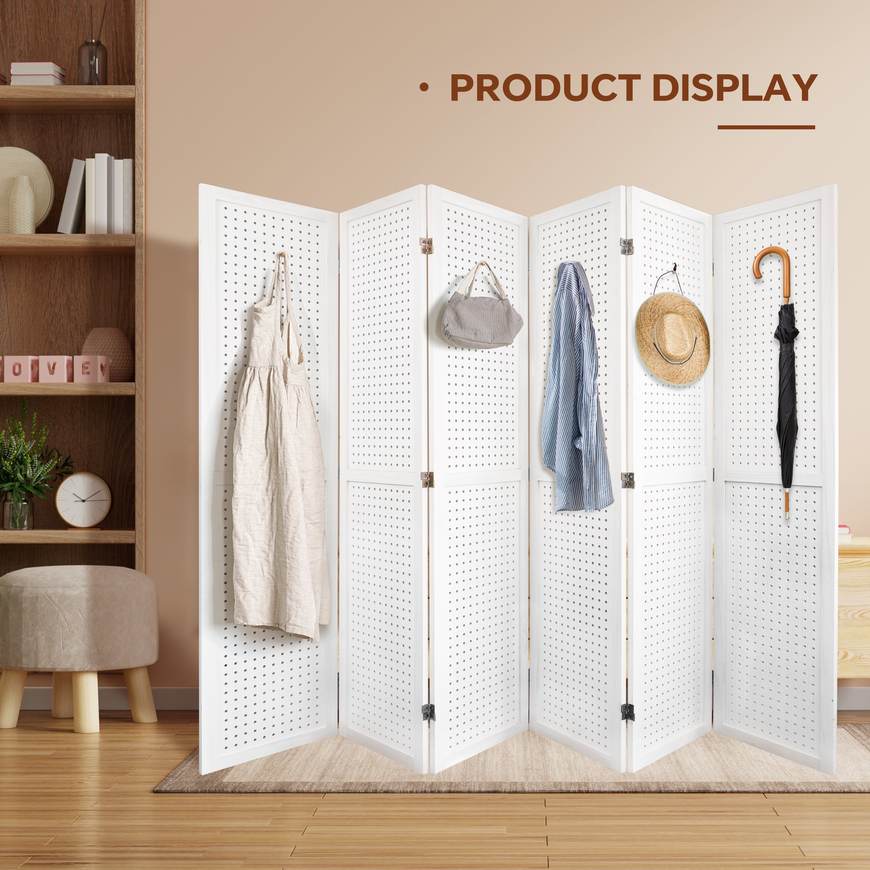 6 Panel Room Divider, 5.6Ft Pegboard Display Wooden Room Divider Folding Privacy Screen Room Divider - Elegant White