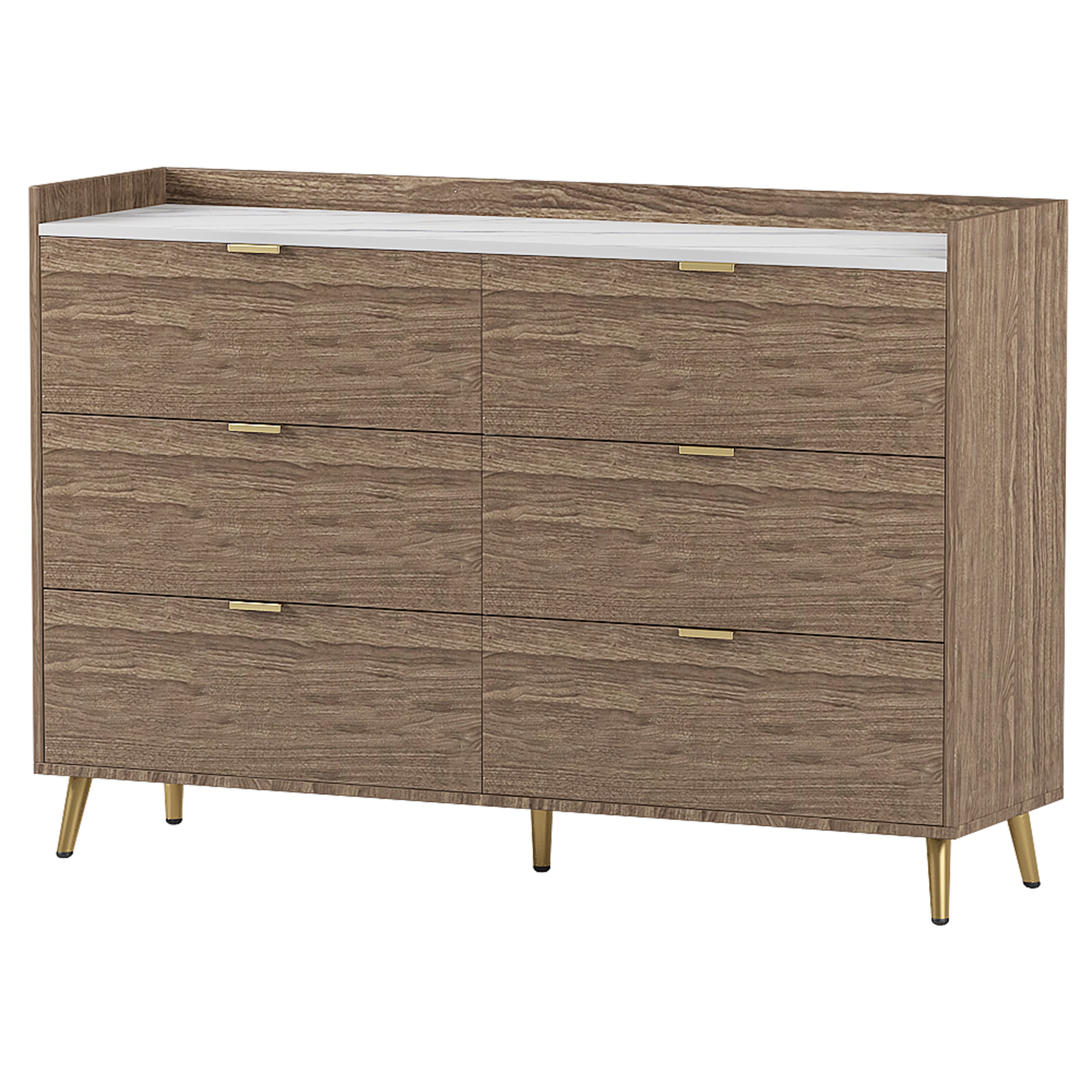 55" Long 6 Drawer Dresser with Marbling Worktop, Mordern Storage Cabinet with Metal Leg and Handle - Walnut