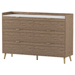 55" Long 6 Drawer Dresser with Marbling Worktop, Mordern Storage Cabinet with Metal Leg and Handle - Walnut